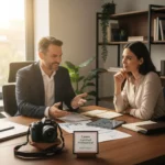Consultant accompagnant un adulte en bilan de compétences, documents professionnels sur la table, ambiance de confiance, bureau moderne, représentation du portage et de la certification