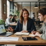 Formateur indépendant dans un bureau moderne travaillant sur un ordinateur avec documents, ambiance professionnelle, collaboration et accompagnement entrepreneurial.
