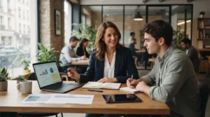 Formateur indépendant dans un bureau moderne travaillant sur un ordinateur avec documents, ambiance professionnelle, collaboration et accompagnement entrepreneurial.