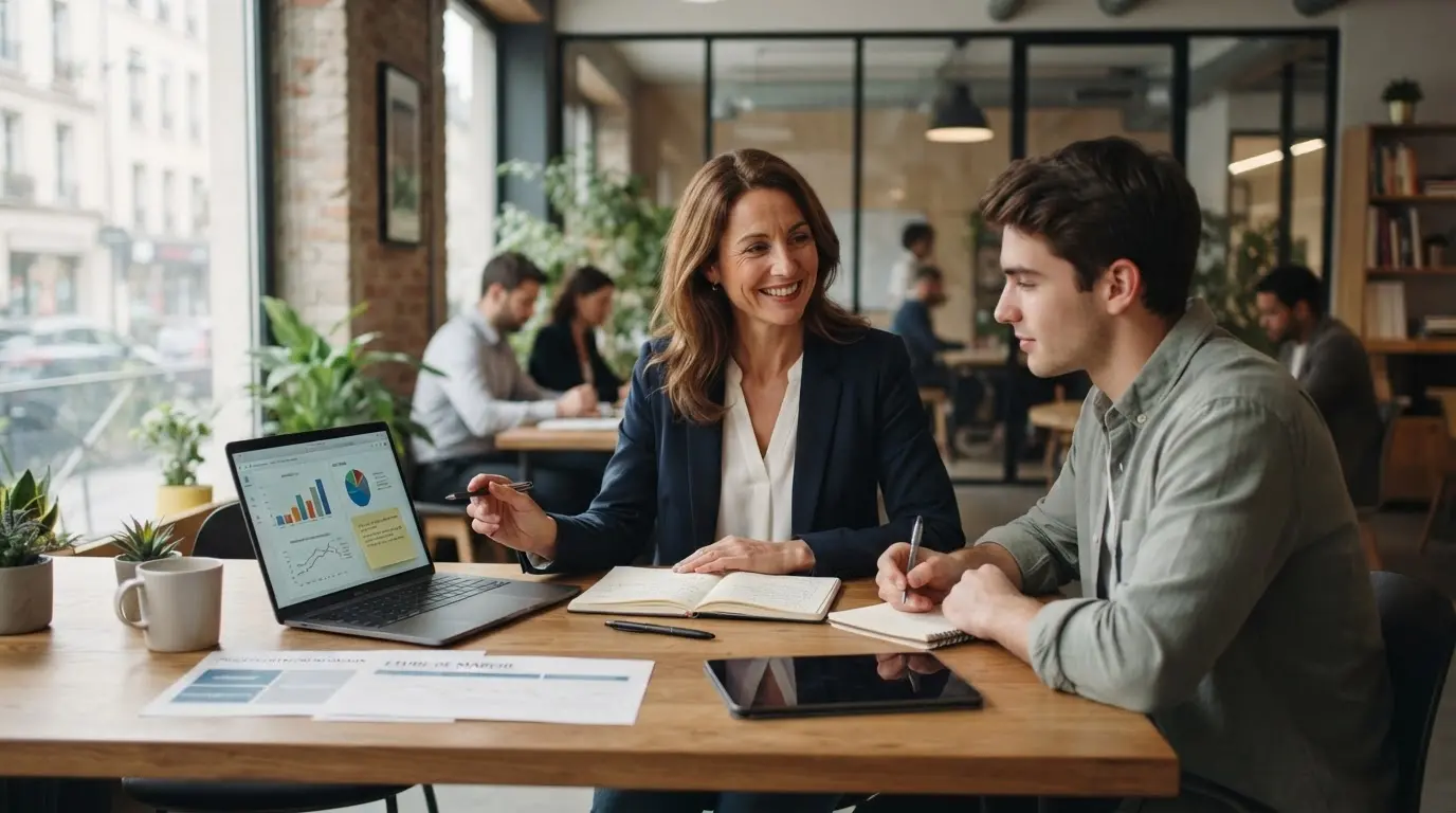 Formateur indépendant dans un bureau moderne travaillant sur un ordinateur avec documents, ambiance professionnelle, collaboration et accompagnement entrepreneurial.