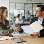 Professionnel souriant dans un bureau moderne, échangeant des documents avec un consultant, ambiance de certification, confiance et simplicité administrative.