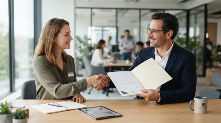 Professionnel souriant dans un bureau moderne, échangeant des documents avec un consultant, ambiance de certification, confiance et simplicité administrative.