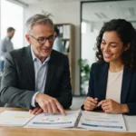 Un entrepreneur souriant consulte des documents de formation avec un conseiller dans un bureau moderne, ambiance professionnelle et rassurante.