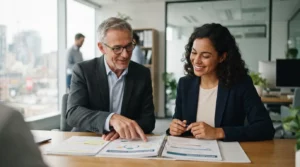 Un entrepreneur souriant consulte des documents de formation avec un conseiller dans un bureau moderne, ambiance professionnelle et rassurante.