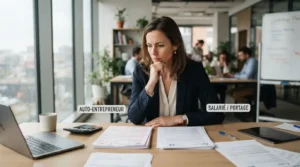 Formateur professionnel hésitant entre deux statuts, bureau moderne, documents administratifs, ambiance sérieuse, lumière naturelle, style réaliste et professionnel