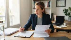 Formateur indépendant dans un bureau lumineux, consultant des documents administratifs et une checklist, ambiance professionnelle, crédible, sérieuse et moderne.