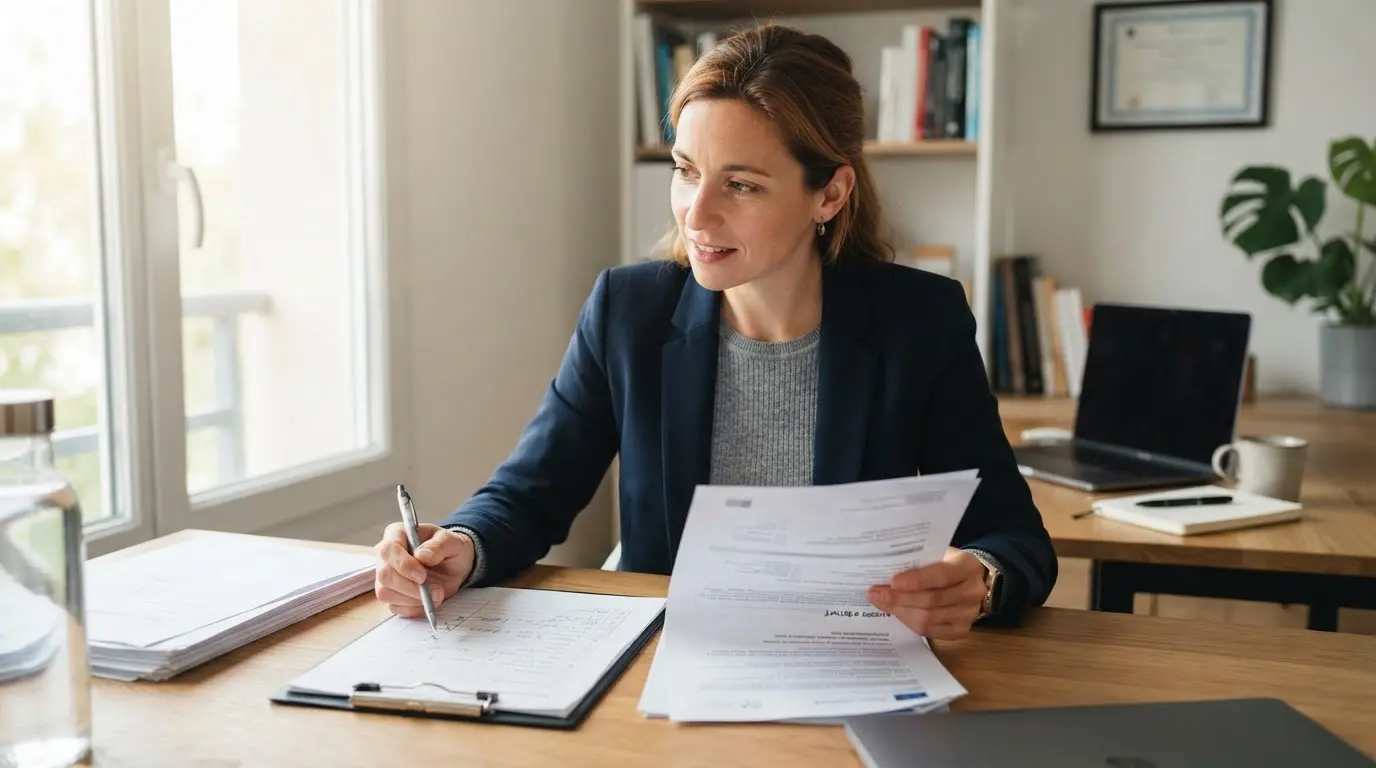 Formateur indépendant dans un bureau lumineux, consultant des documents administratifs et une checklist, ambiance professionnelle, crédible, sérieuse et moderne.