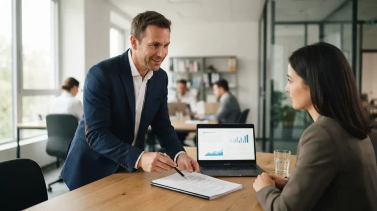 Photo réaliste d’un consultant en formation présentant un contrat et un écran d’ordinateur, ambiance professionnelle, financement
