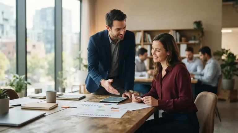 Deux professionnels en tenue sobre discutant autour d’un bureau, illustrant le choix entre indépendance entrepreneuriale et sécurité salariale, ambiance professionnelle.