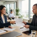 Réunion professionnelle entre organisme de formation et sous-traitant, échangeant des documents de conformité dans un bureau moderne et lumineux.