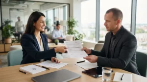 Réunion professionnelle entre organisme de formation et sous-traitant, échangeant des documents de conformité dans un bureau moderne et lumineux.