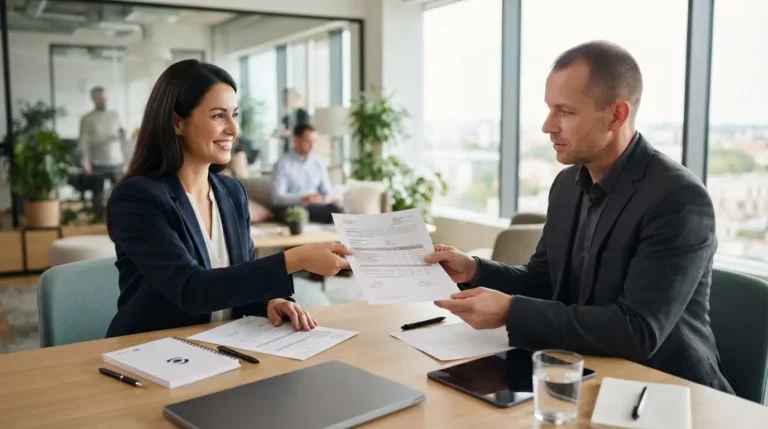 Réunion professionnelle entre organisme de formation et sous-traitant, échangeant des documents de conformité dans un bureau moderne et lumineux.