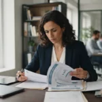 Responsable d’organisme de formation examinant des documents de certification et de financement, dans un bureau moderne, ambiance professionnelle et rigoureuse.