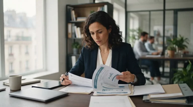 Responsable d’organisme de formation examinant des documents de certification et de financement, dans un bureau moderne, ambiance professionnelle et rigoureuse.