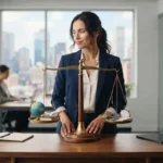 Entrepreneur devant une balance symbolisant liberté et contraintes, dans un bureau moderne, ambiance professionnelle, réaliste et équilibrée.