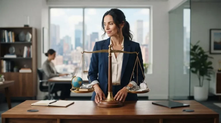 Entrepreneur devant une balance symbolisant liberté et contraintes, dans un bureau moderne, ambiance professionnelle, réaliste et équilibrée.
