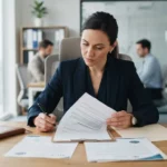 Un formateur indépendant examine un contrat de sous-traitance et des documents de certification dans un bureau moderne, ambiance professionnelle et rigoureuse.