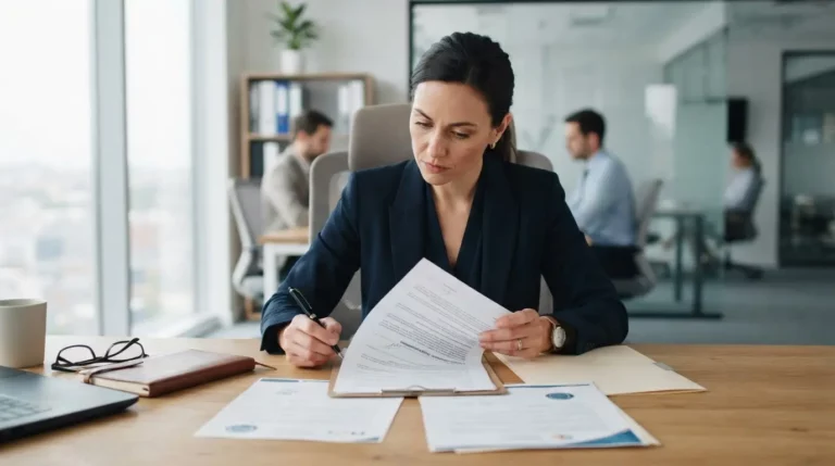 Un formateur indépendant examine un contrat de sous-traitance et des documents de certification dans un bureau moderne, ambiance professionnelle et rigoureuse.
