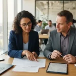 Un formateur et un responsable vérifiant un contrat de sous-traitance et des obligations réglementaires dans un bureau moderne.