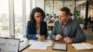 Un formateur et un responsable vérifiant un contrat de sous-traitance et des obligations réglementaires dans un bureau moderne.