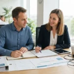 Consultante accompagnant un responsable de formation dans la préparation sereine de sa certification, bureau lumineux, documents organisés, ambiance professionnelle.