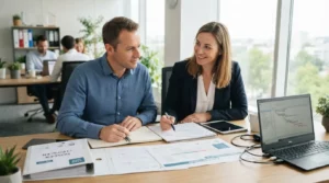 Consultante accompagnant un responsable de formation dans la préparation sereine de sa certification, bureau lumineux, documents organisés, ambiance professionnelle.