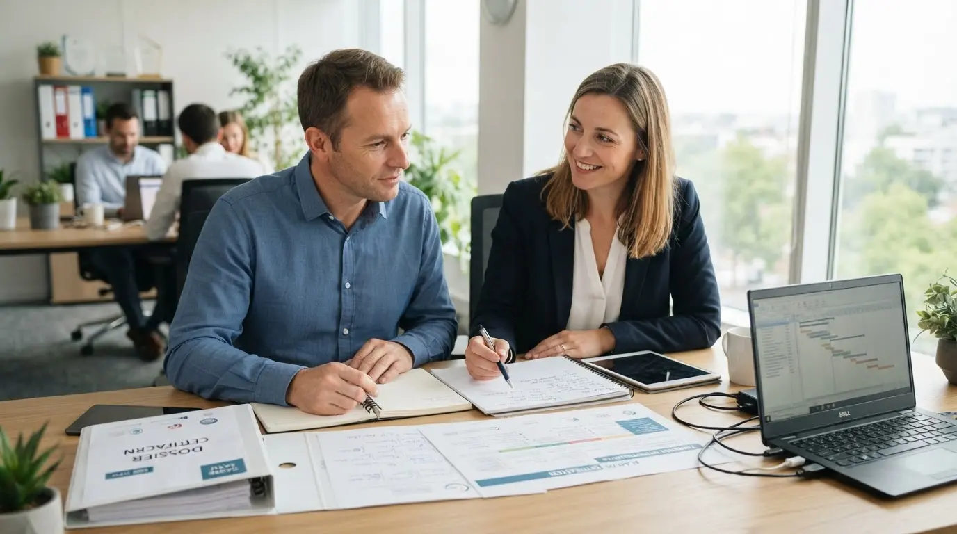 Consultante accompagnant un responsable de formation dans la préparation sereine de sa certification, bureau lumineux, documents organisés, ambiance professionnelle.