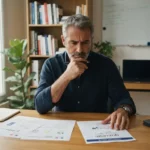 Un formateur professionnel face à un choix entre financement public et certification qualité, dans un bureau moderne, ambiance interrogative.