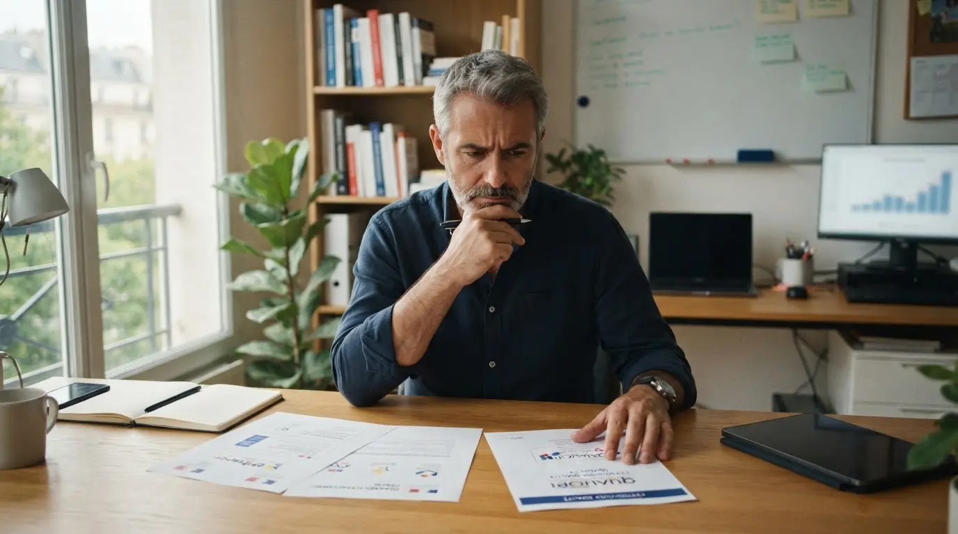 Un formateur professionnel face à un choix entre financement public et certification qualité, dans un bureau moderne, ambiance interrogative.