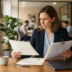 Une conseillère examine un certificat de qualité et un dossier de financement de formation dans un bureau moderne et lumineux.