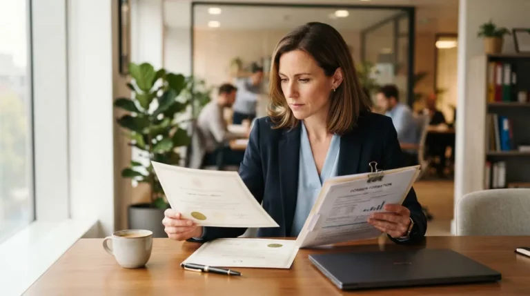 Une conseillère examine un certificat de qualité et un dossier de financement de formation dans un bureau moderne et lumineux.