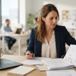 Un formateur professionnel préparant un dossier d’agrément pour son organisme de formation dans un bureau moderne et lumineux.