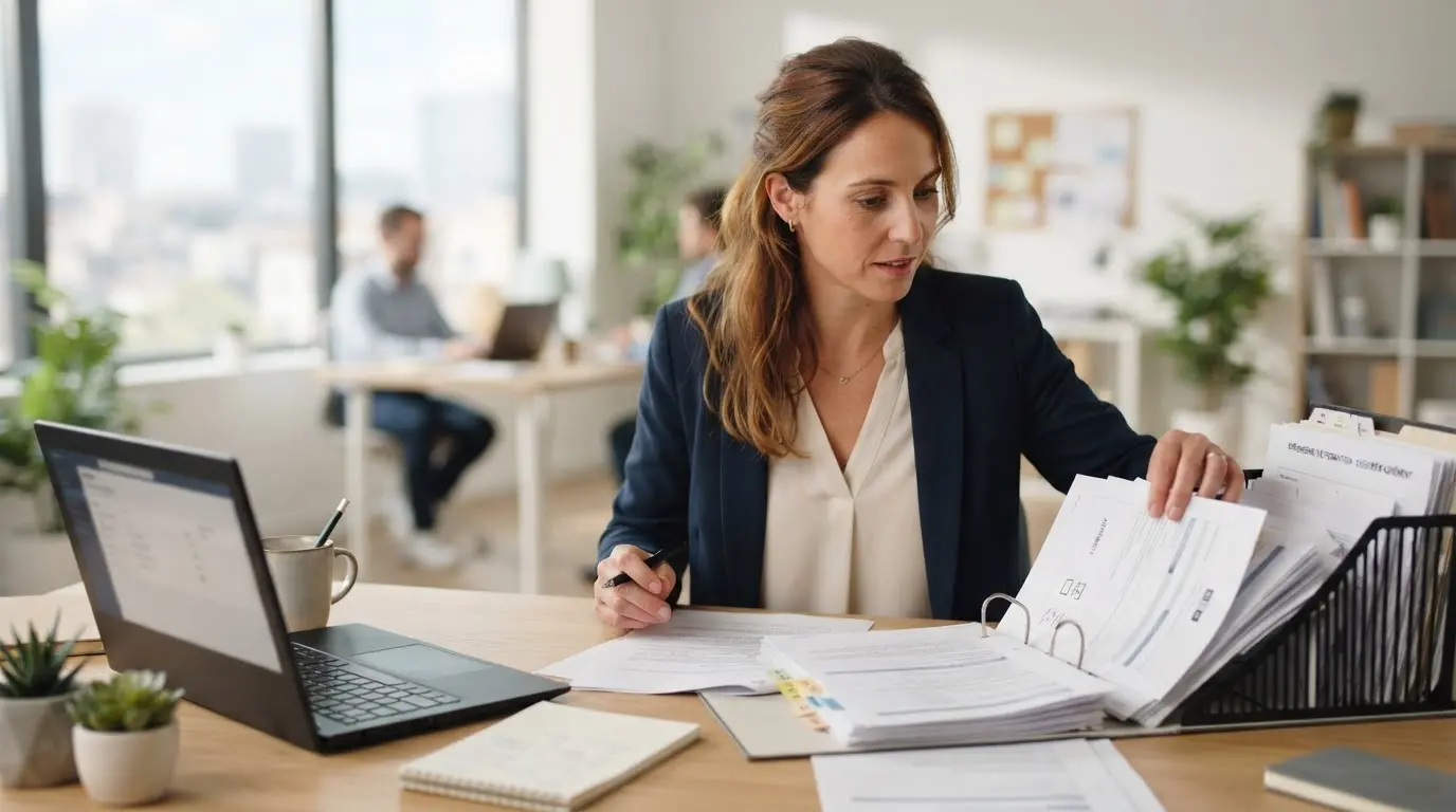 Un formateur professionnel préparant un dossier d’agrément pour son organisme de formation dans un bureau moderne et lumineux.