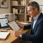 Formateur indépendant examinant un certificat officiel sur son bureau, ambiance professionnelle, documents de formation et ordinateur en arrière-plan.