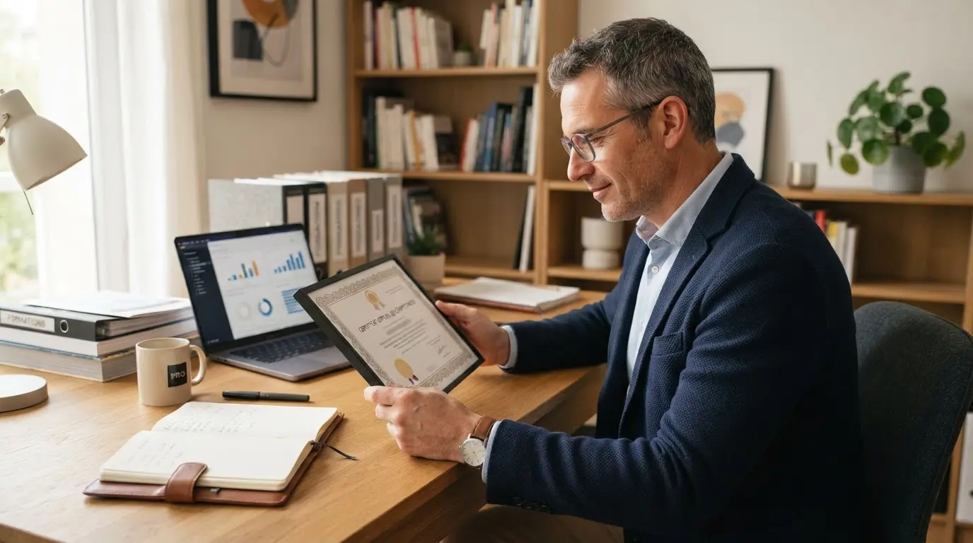 Formateur indépendant examinant un certificat officiel sur son bureau, ambiance professionnelle, documents de formation et ordinateur en arrière-plan.