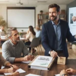 Un formateur professionnel présentant une offre de formation à des adultes, avec dossier validé et accès symbolique à une plateforme.