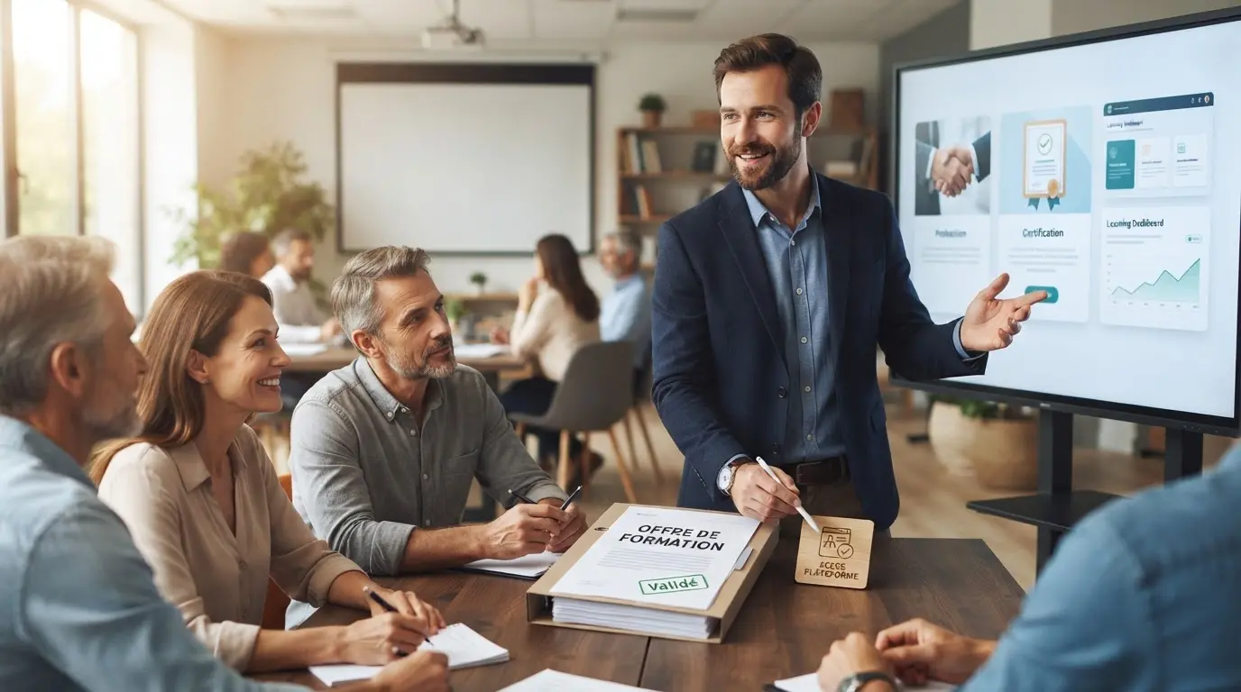 Un formateur professionnel présentant une offre de formation à des adultes, avec dossier validé et accès symbolique à une plateforme.