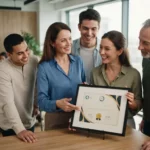Formateur et apprenants réunis autour d’un certificat qualité obligatoire, dans un centre de formation moderne, ambiance professionnelle et rassurante.