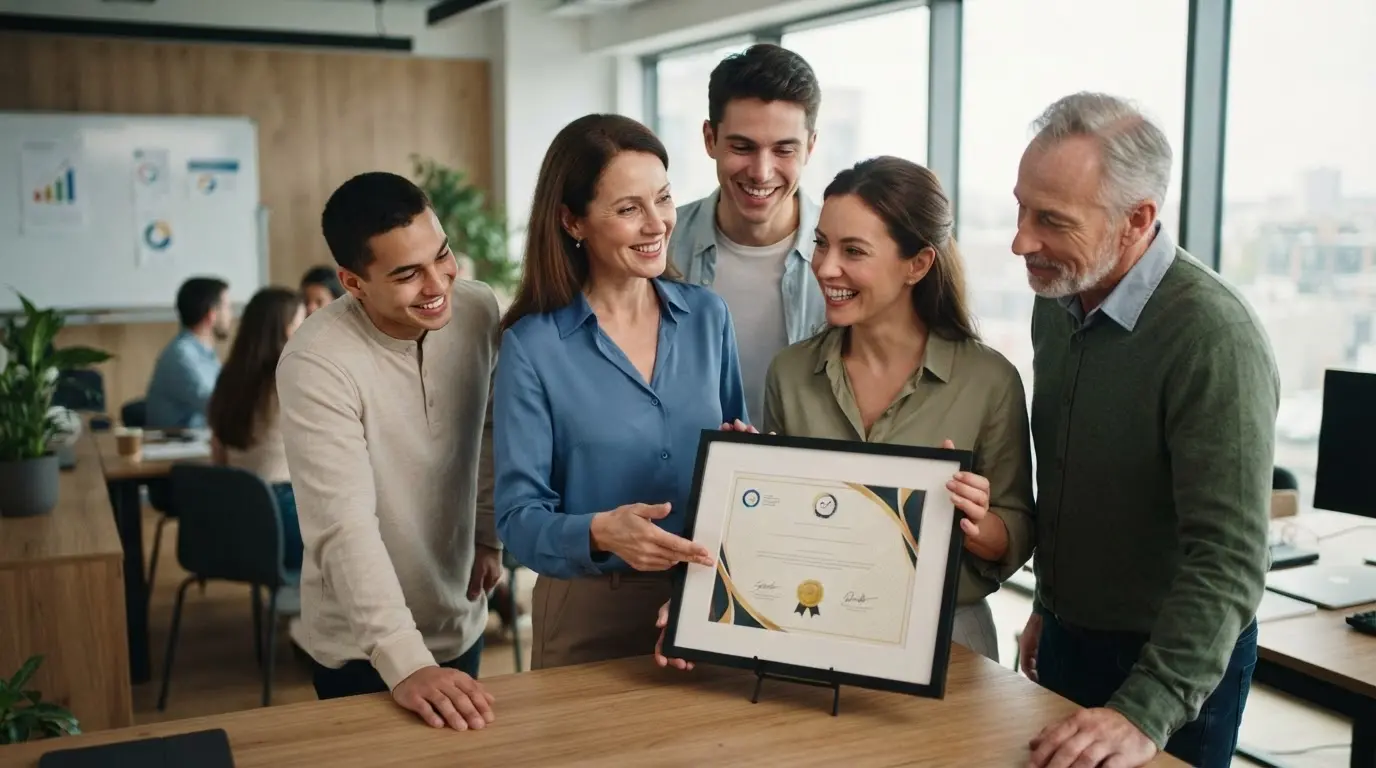 Formateur et apprenants réunis autour d’un certificat qualité obligatoire, dans un centre de formation moderne, ambiance professionnelle et rassurante.