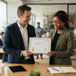 Deux professionnels scellent un partenariat autour d’un certificat de formation, dans un bureau moderne, ambiance collaborative, sérieuse et rassurante.