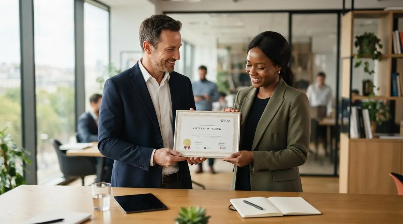 Deux professionnels scellent un partenariat autour d’un certificat de formation, dans un bureau moderne, ambiance collaborative, sérieuse et rassurante.