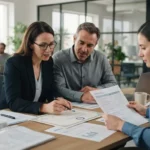 Professionnels de la formation examinant un certificat qualité dans un bureau moderne, avec documents, liste de contrôle et ambiance rigoureuse.