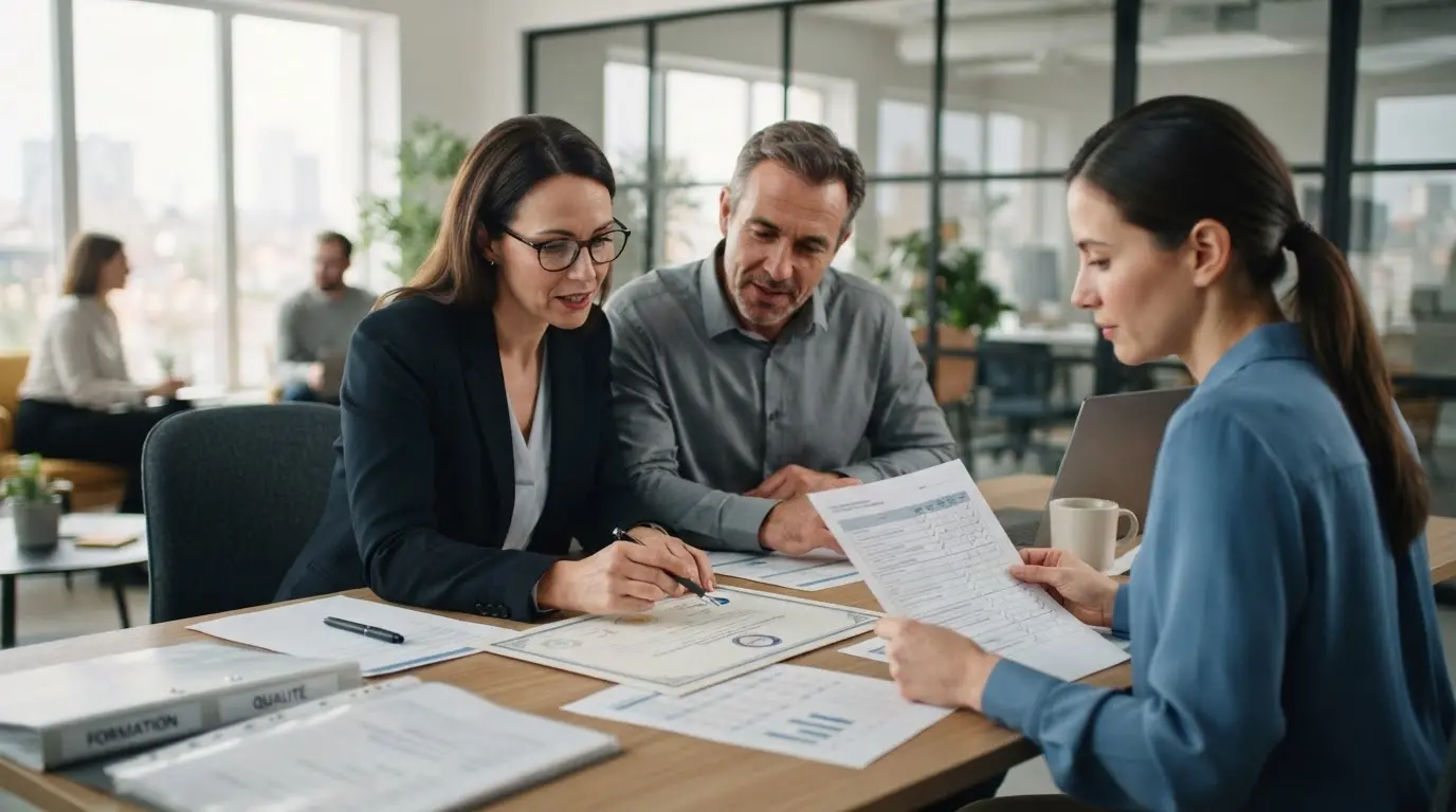 Professionnels de la formation examinant un certificat qualité dans un bureau moderne, avec documents, liste de contrôle et ambiance rigoureuse.