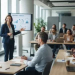 Un formateur professionnel présente une offre de formation financée à des adultes attentifs, dans un espace moderne et lumineux.