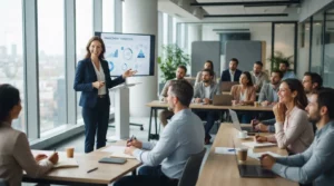 Un formateur professionnel présente une offre de formation financée à des adultes attentifs, dans un espace moderne et lumineux.