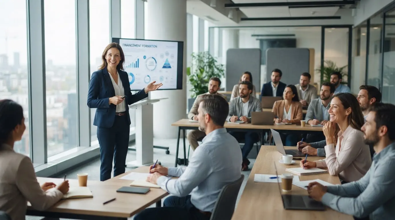 Un formateur professionnel présente une offre de formation financée à des adultes attentifs, dans un espace moderne et lumineux.