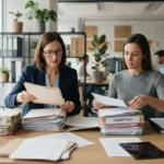 Professionnels de la formation triant des dossiers entre certification obligatoire et exemption, dans un bureau moderne, ambiance claire et professionnelle.
