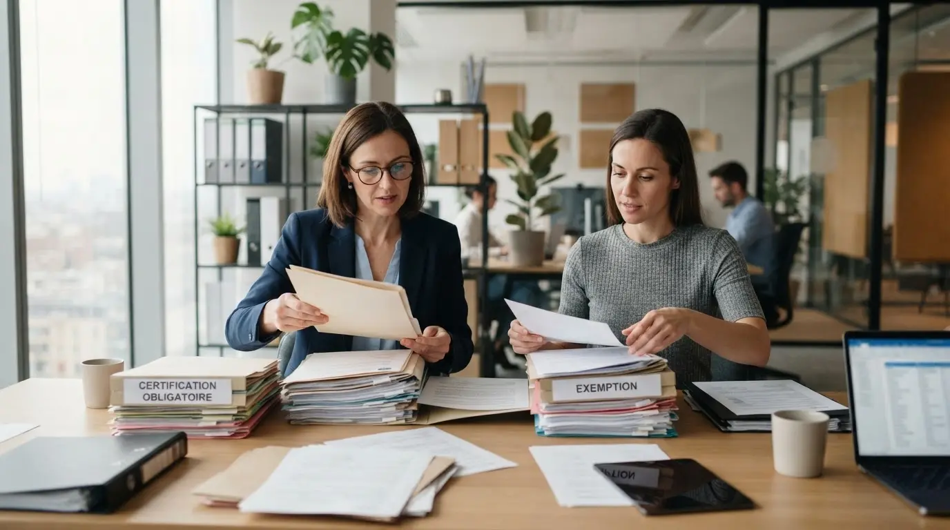 Professionnels de la formation triant des dossiers entre certification obligatoire et exemption, dans un bureau moderne, ambiance claire et professionnelle.