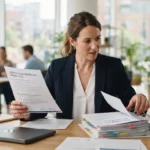 Formatrice consultant une liste de critères de certification et organisant des documents pédagogiques dans un bureau lumineux et moderne.