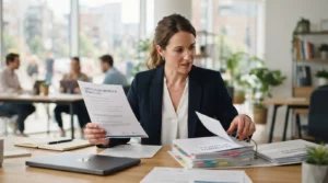 Formatrice consultant une liste de critères de certification et organisant des documents pédagogiques dans un bureau lumineux et moderne.